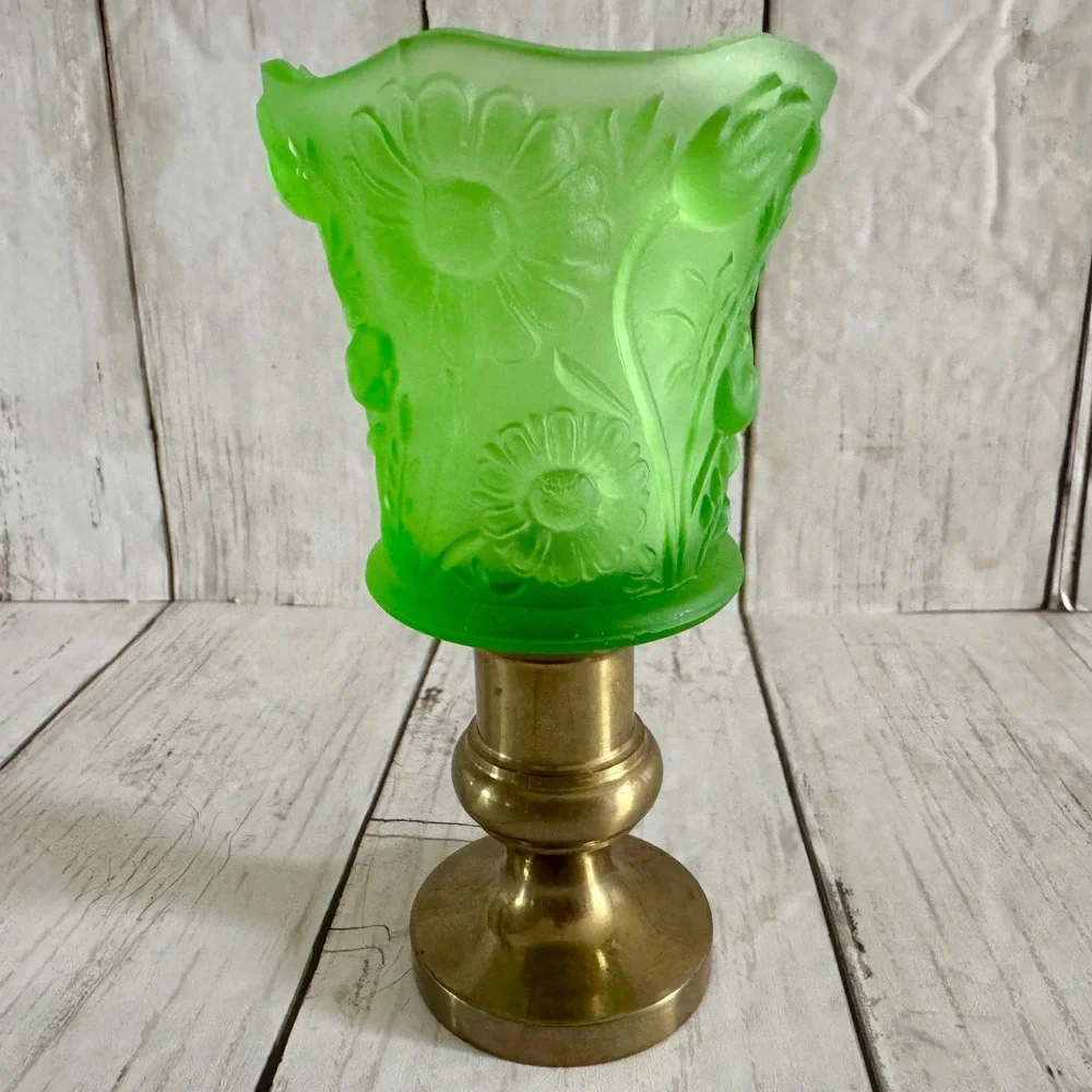 Vintage Green Uranium Glass Floral Satin Frosted Brass Candle Holder 5 1/2